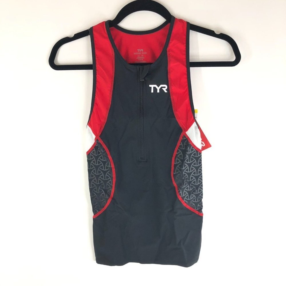 TYR Competitor Mens Tank Top W/Zipper Triathalon Cycling Black Red XS